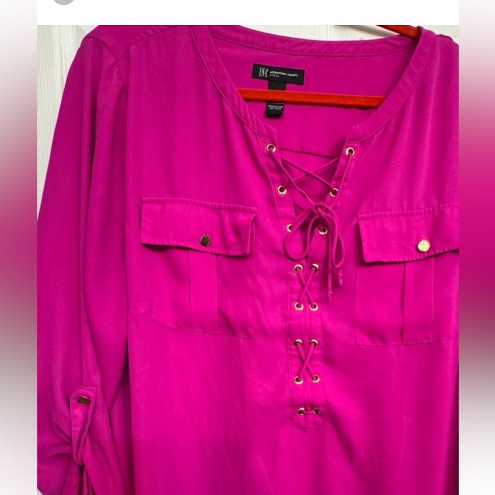 Fuchsia Pink Blouse with Roll Tab Sleeves